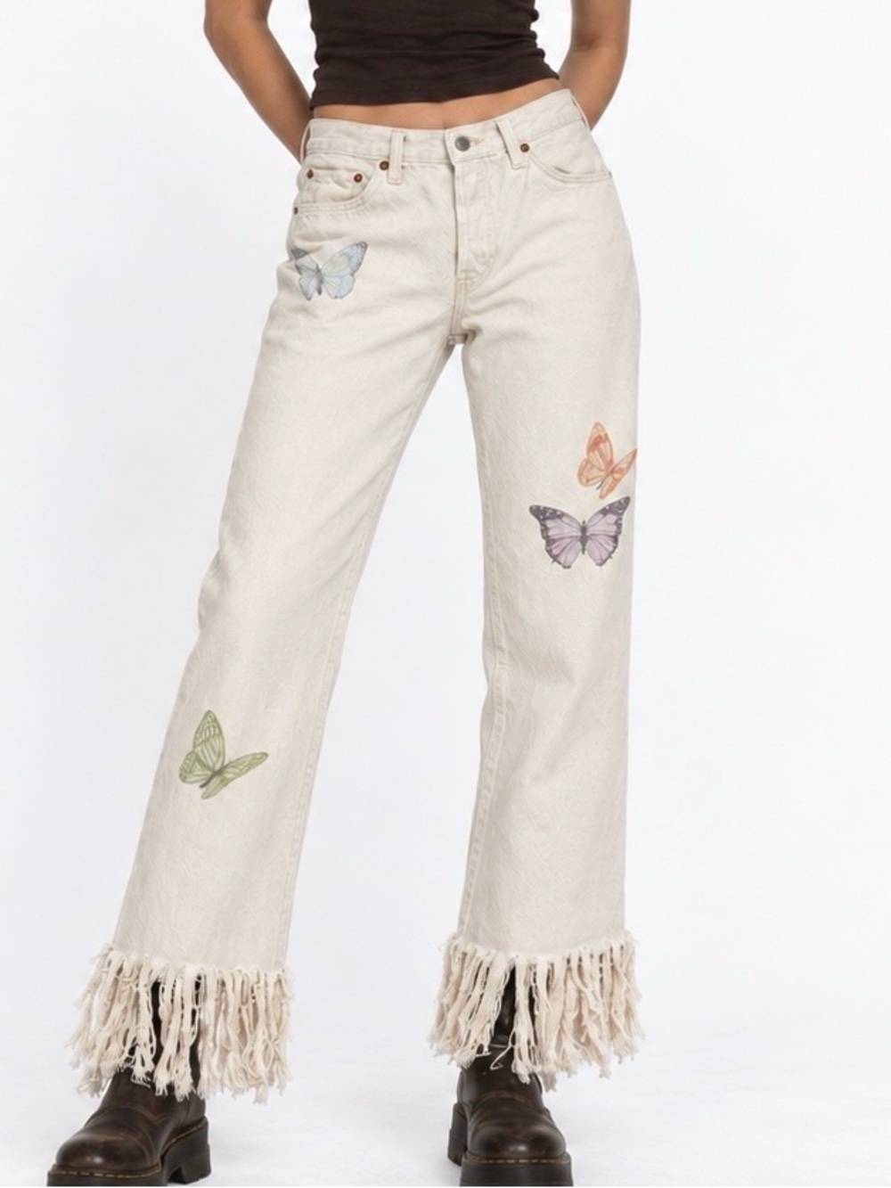 Levi’s 501 Cream Butterfly Jeans W30 L28 Frayed Fringe Hem Y2K Fairy Grunge